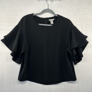 H&M Black Blouse Women’s Shirt Sz 2 Flutter Tiered Sleeve Top Flowy